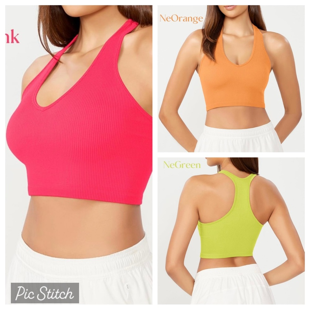 Summer Crop Tops Neon Pink Orange Yellow, Soft Stretchy Racerback Ribbed V-Neck